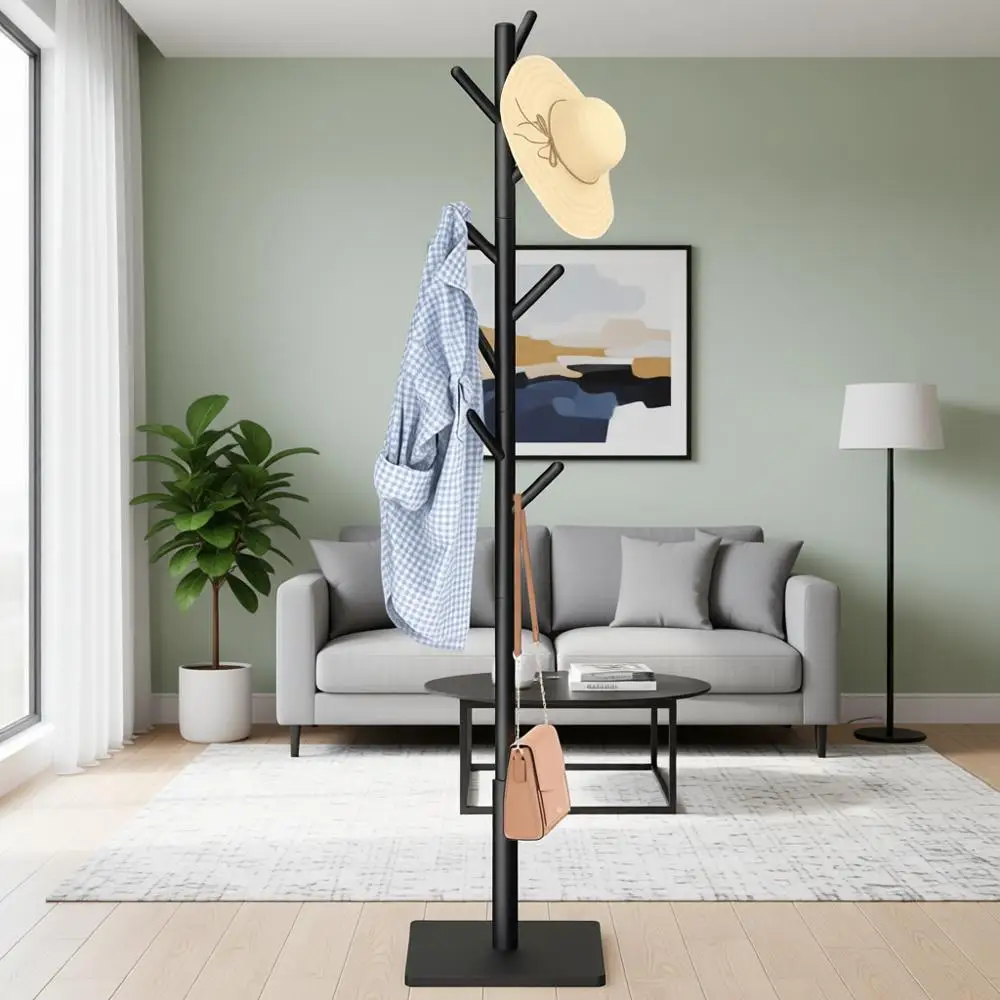 

Прочная вешалка для одежды с квадратным основанием и 8 крючками, регулируемый размер, идеально подходит для спальни, офиса, прихожей, черная.