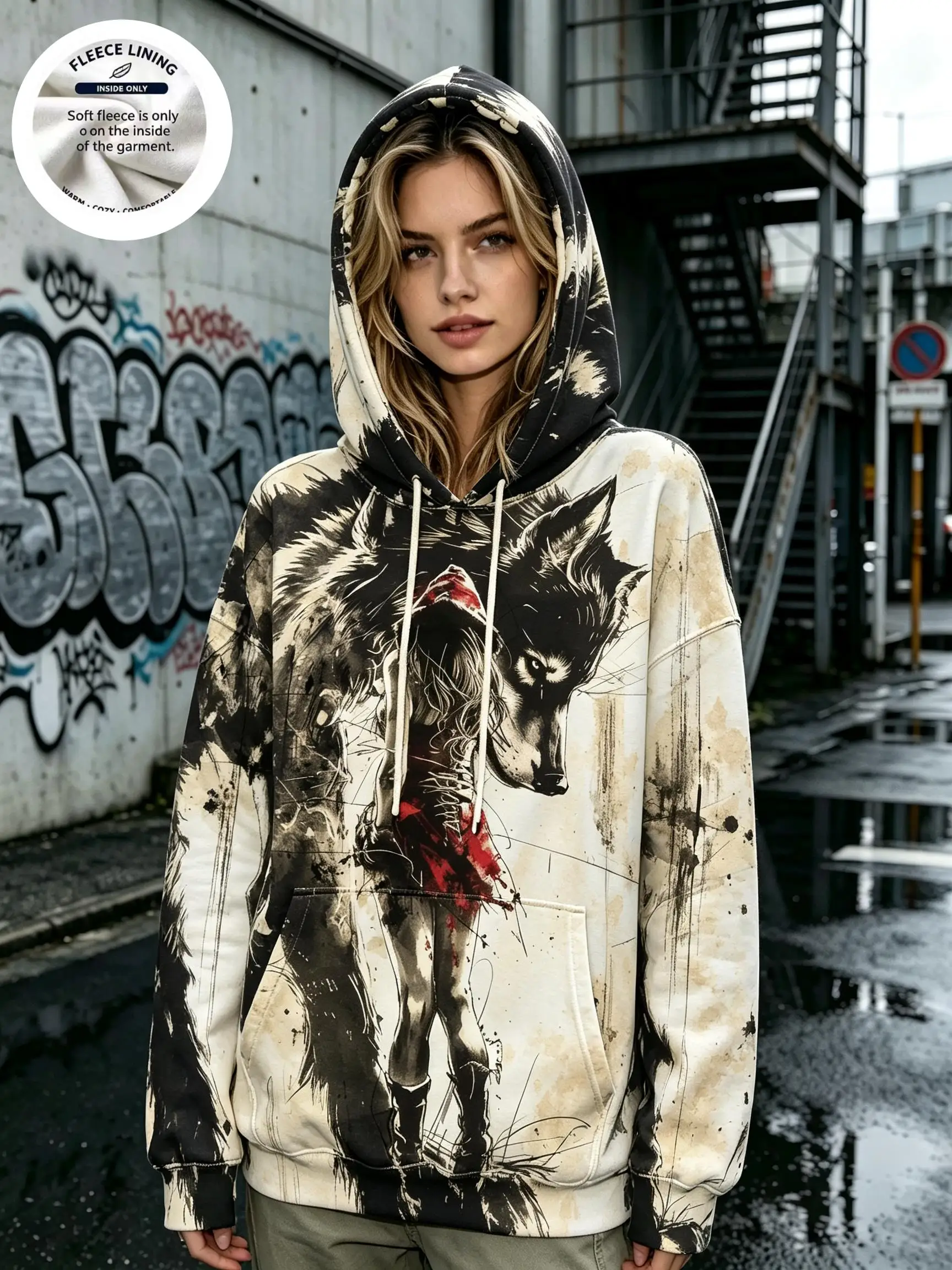 Womens Ink Art Animal Fleece Hoodie Vintage Splash Wolf Eagle Horse Bison Print Drawstring Pocket Pullover Tops