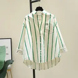 Women's Korean Fashion Striped Print Shirt Letter Embroidery Long Sleeve Lapel Blouse Female Casual Irregular Cotton Loose Tops