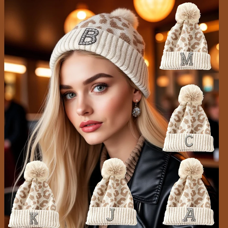 1 PC Women's A-Z Fashion Pearl Alphabet Letter Autumn Winter Leopard Print Knit Beanie& Casual Fuzzy Thick Knitted Beanie Hat