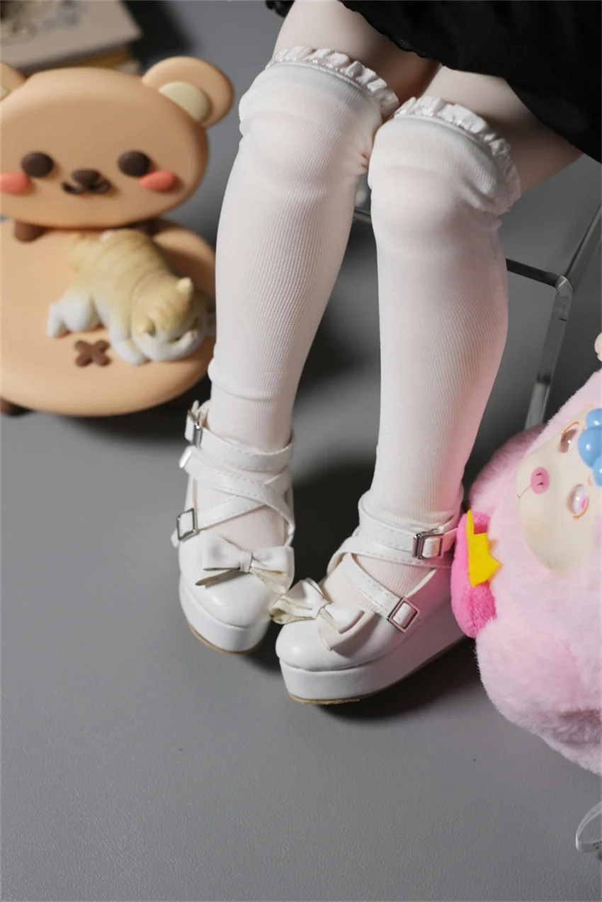 

BJD Doll Shoes 1/4 TF Girls Square Cross Buckle White Brown Pink Thick-soled Matte Soft Leather Shoe Double Bow Doll Accessories