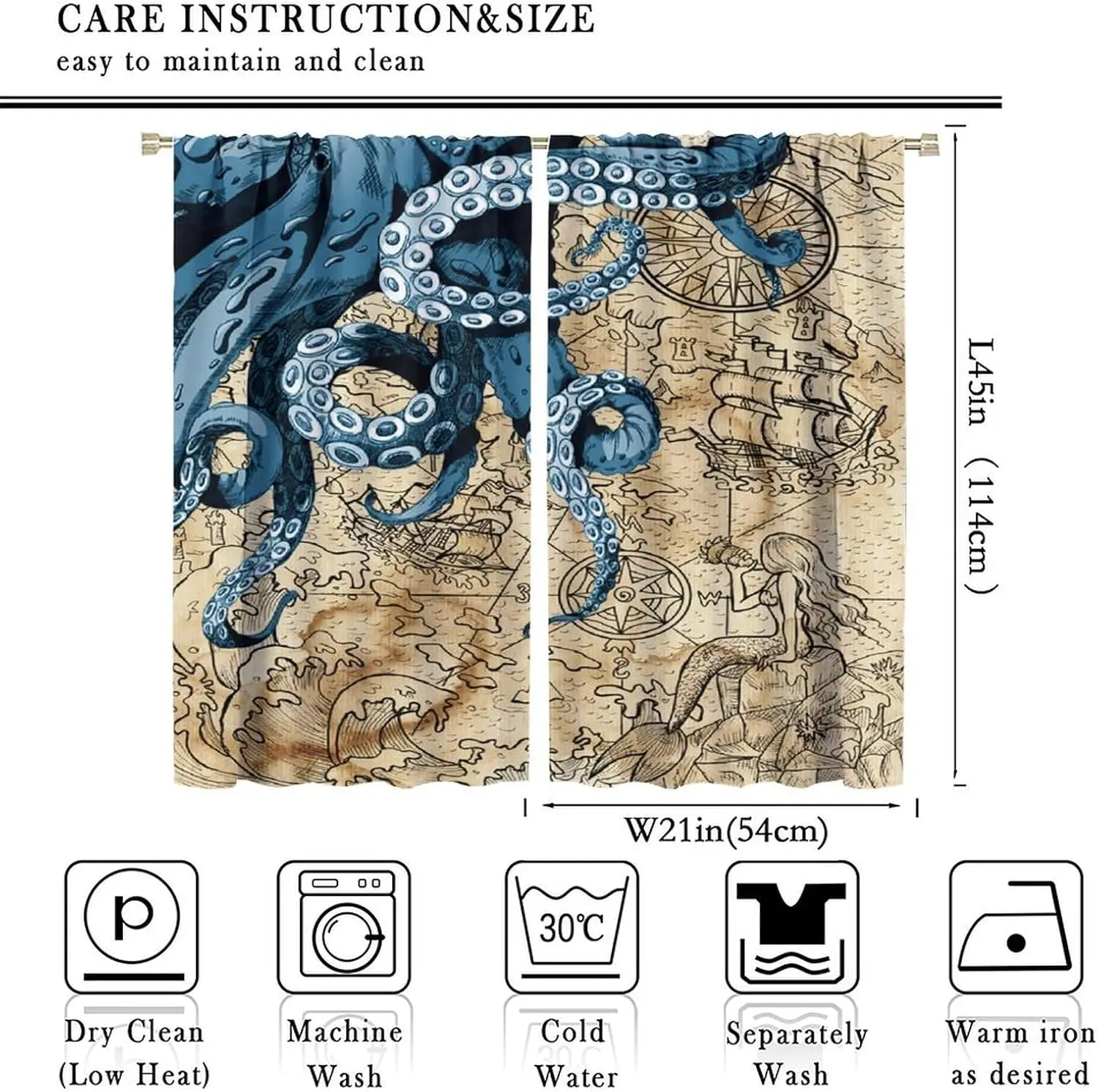Vintage Nautical Octopus Curtains, Navy Blue Octopus Retro Coastal Map Ship Compass Sea Monsters Print Window Treatments for
