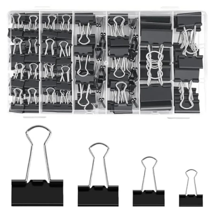 

Binder Clips Paper Clamps Assorted Sizes 140 Count, 4 Sizes in One Pack, Large, Medium, Small and Micro Binder Paper Clips for