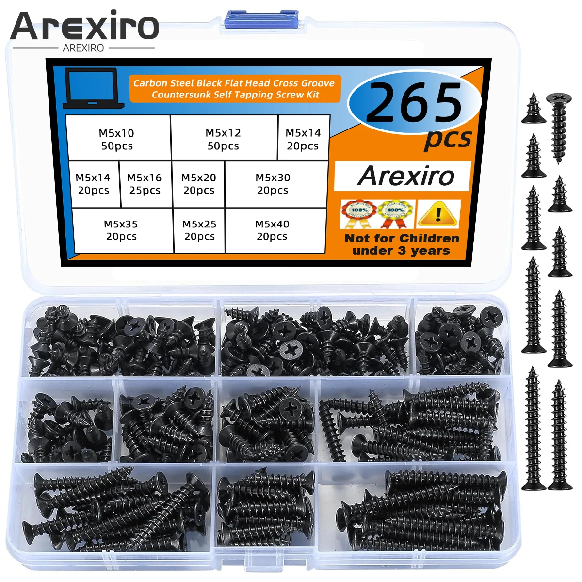 

265Pcs M5 Wood Screws Assortment Kit, Flat Head Phillips Self Tapping Screws