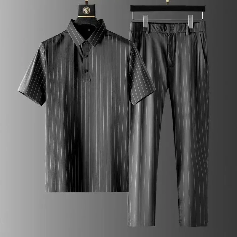 New Short-sleeve Thin Stripe Shirt + Trousers Two-piece Suit Mens Short Sets Business Casual Outfits Men Summer Luxury Clothing