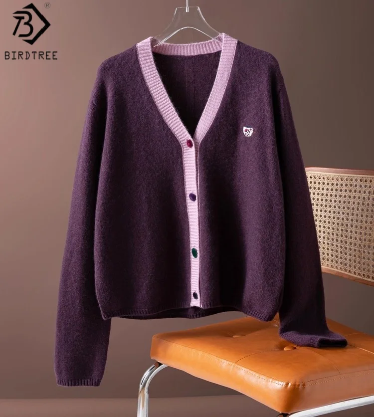 

Birdtree, вязаный теплый кардиган из шерсти 41,6%, женский однобортный свитер из смесовой шерсти с v-образным вырезом, осенне-зимнее пальто 2025 T5O405JF