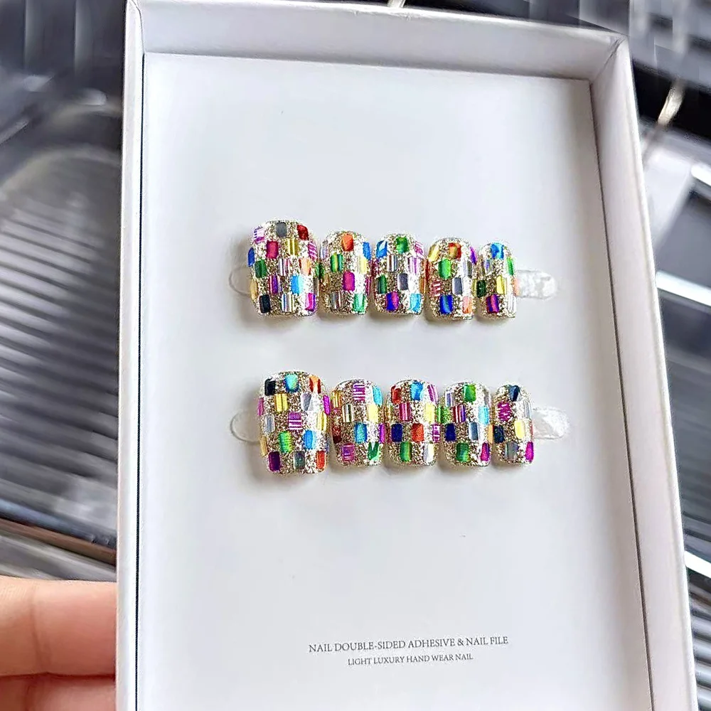 

10pcs Mark Handmade Nails Colorful Platinum Plaid Press on Nail Short Square Full Coverage Nail Tips for Women&Girl False Nail
