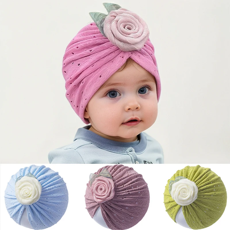 

0-2Y Baby Girls' Cute Floral Indian Hat Cotton Knit Fabric Lightweight Elastic Cap for Infants Breathable Newborn Headscarf