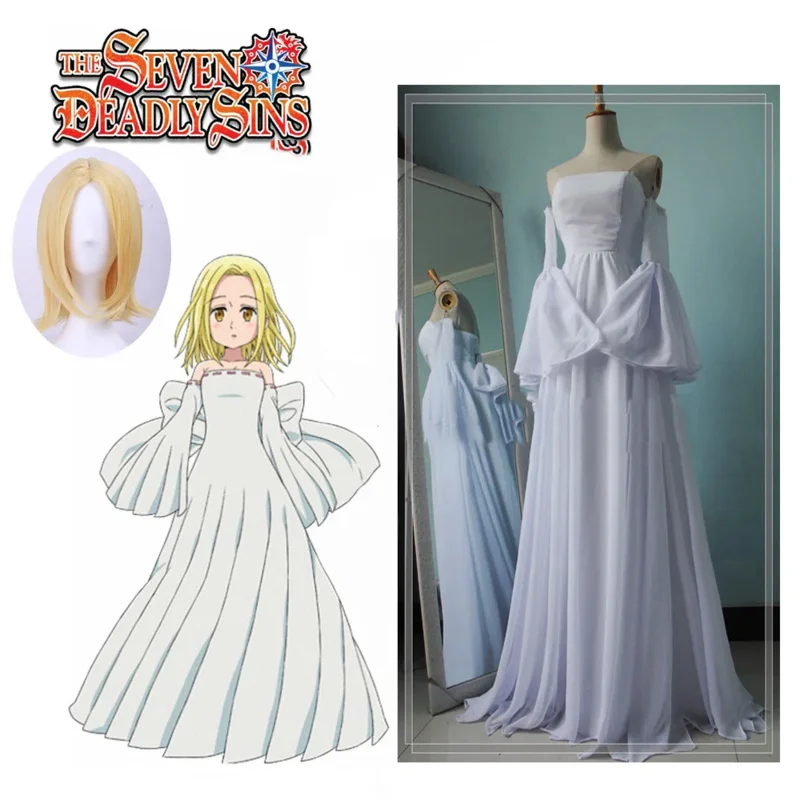 فستان الخطايا السبع المميتة إيلين زي ناناتسو نو تايزاي إيلين أزياء تنكرية بيضاء لوليتا فستان طويل من الشيفون بأي حجم @ ^