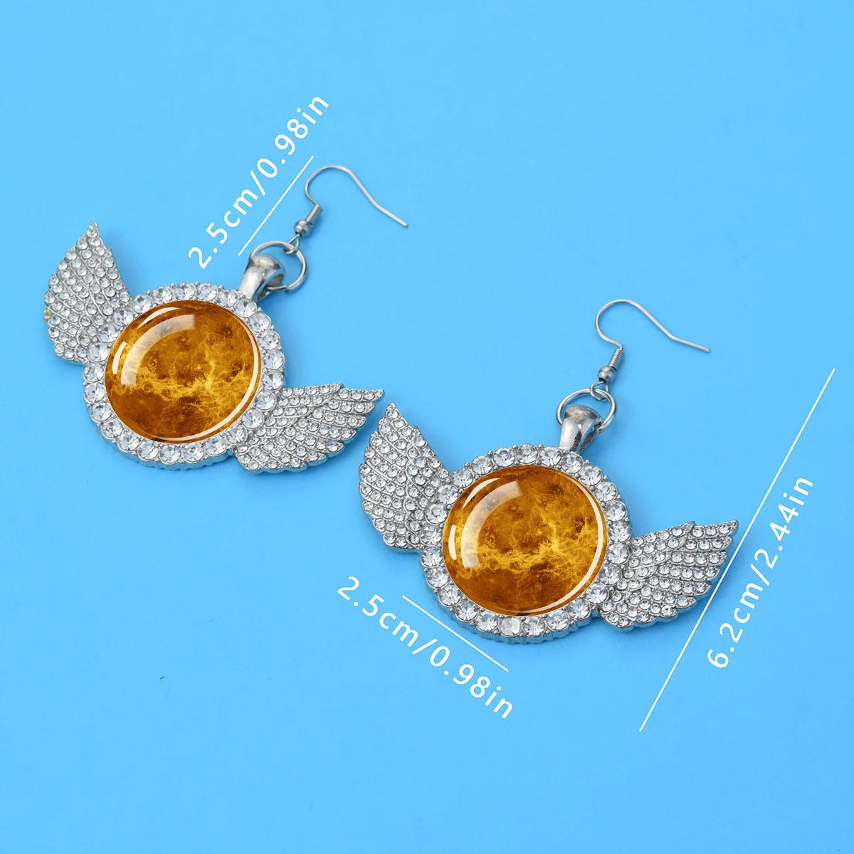 1pair Solar System Planet Theme Earth Sun Pattern Wings Earrings Glass Adhesive Fashion Pendant Jewelry Ear Studs Exquisite Gift