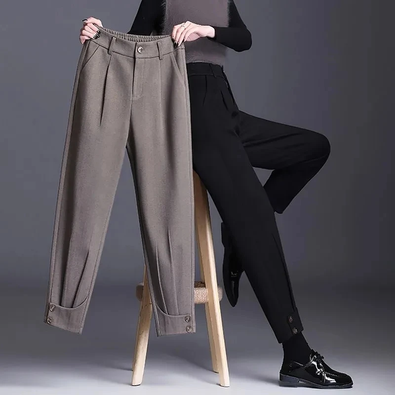 

2024 Autumn Winter New Woolen Pants Women Temperament Radish Harem Trousers Ladies High Waist Slim Nine Casual Overalls Female