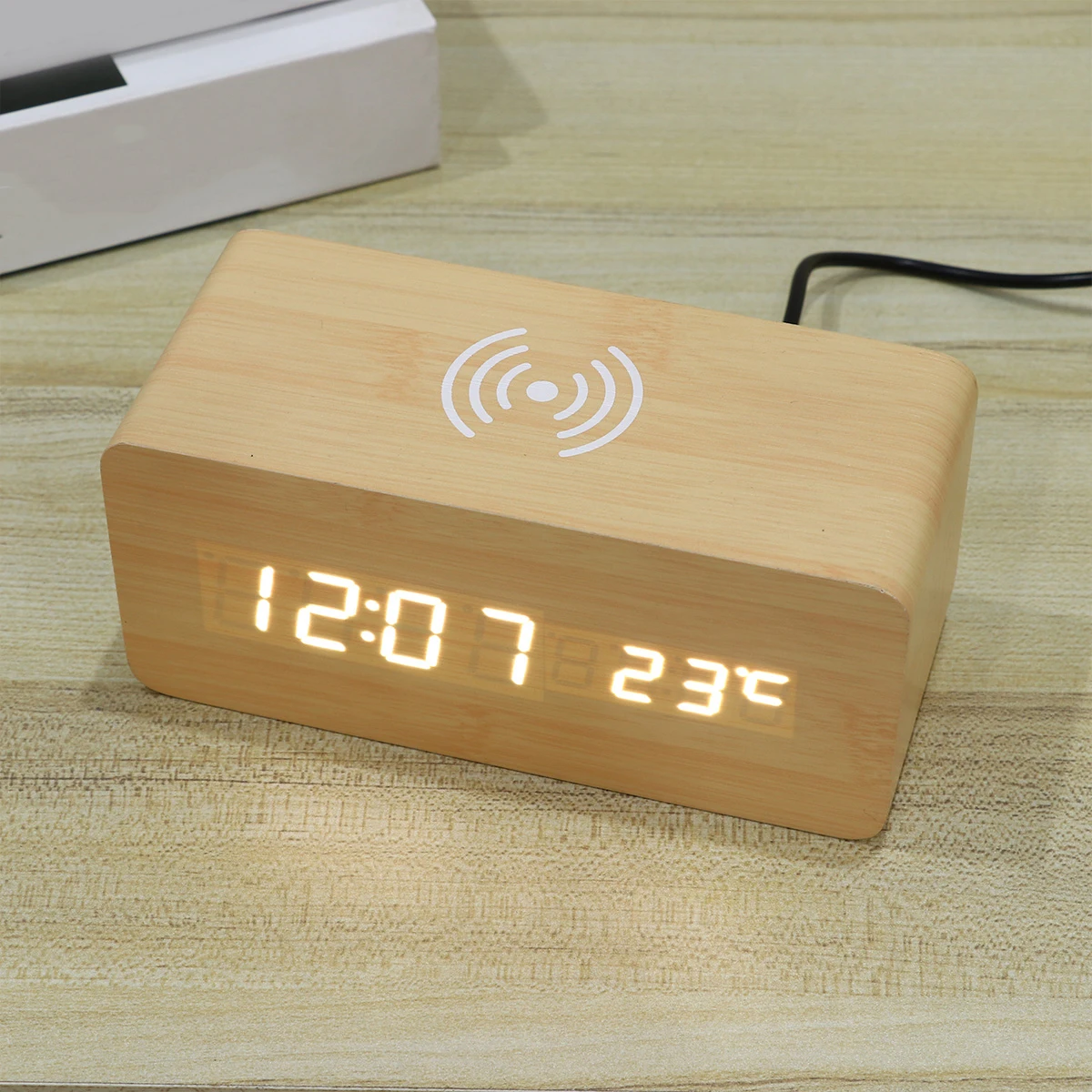 

Creative Led Wireless Charging Wood Clock Temperature Display Digital Alarm Clock Brown Bamboo White Light No Batteries
