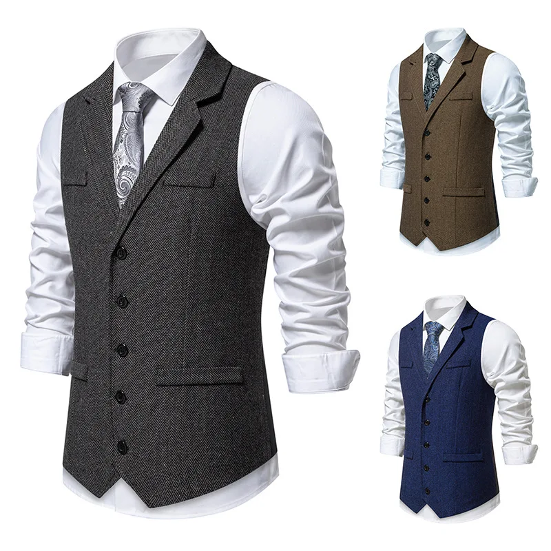 Chalecos para hombre, chaleco Retro de lana de Tweed en espiga para el lugar de trabajo de negocios, cuello a medida, traje de un solo pecho, chaleco de talla grande