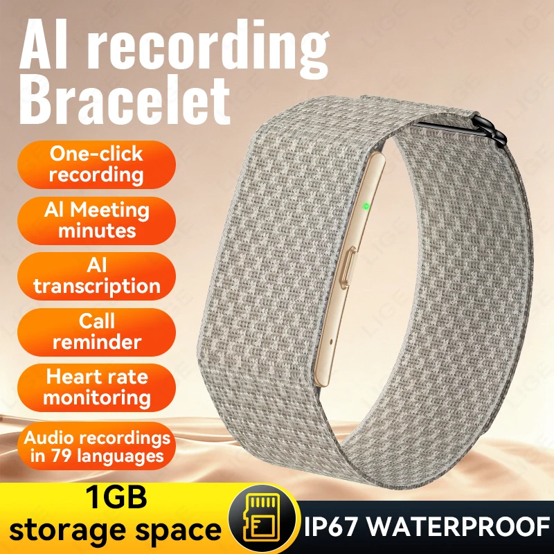 

AI Transcription Smart Wristband Voice Recorder Smartwatch 1GB Storage AI Recording Heart Rate Monitor Call Reminder Bracelet