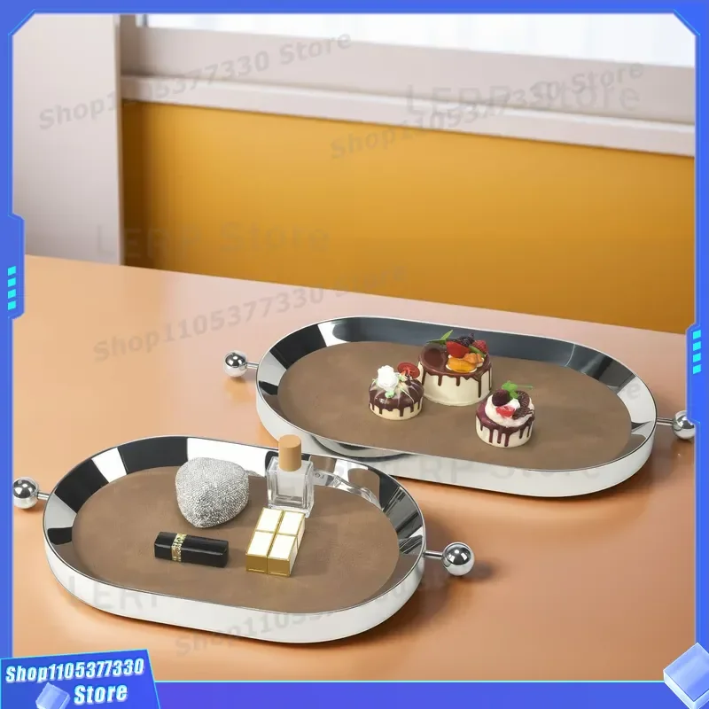 Luxury Stainless Steel Mirror Tray High End Metal Fruit Plate Cake Stand Jewelry Storage Organizer Leather Accent Home Decor
