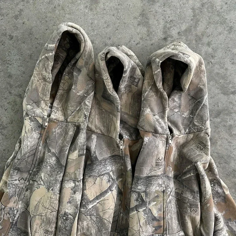 Y2K Retro Zip Up Hoodie Men Camouflage Pattern Zipper Sweatshirt High Street Hip Hop Streetwear Oversized Unisex Camo Hoodie