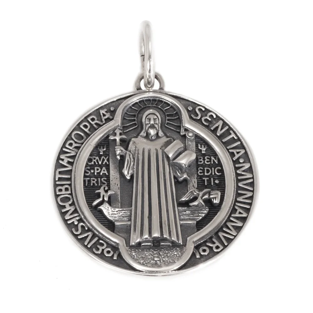 

Vintage 925 Sterling Silver Saint Benedict Medallion Cross Pendant Necklace Catholic Exorcism Amulet Men and Women