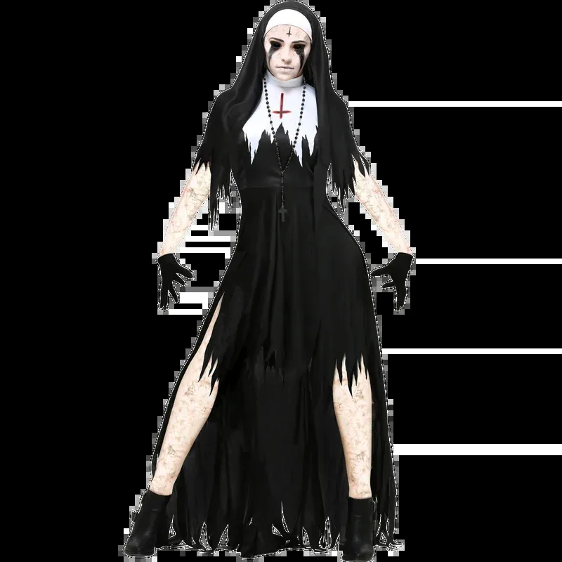 Kostum Cosplay Biarawati Setan Vampir Menyeramkan untuk Wanita, Pesta Hitam, Gaun Mewah Lengan Panjang, Topi, Sarung Tangan, Kostum Halloween sk;m1