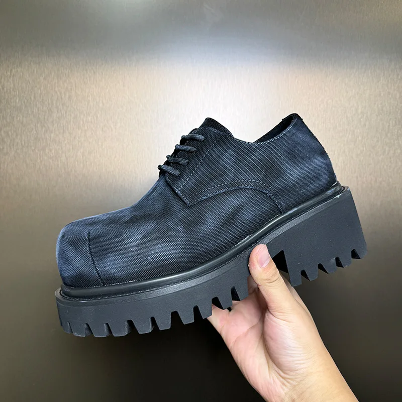 

Big Head Denim Thick Soled Derby Shoes Round Toe Strap Design Workwear Shoes Leather Splicing Retro Sports Style Casual Shoes