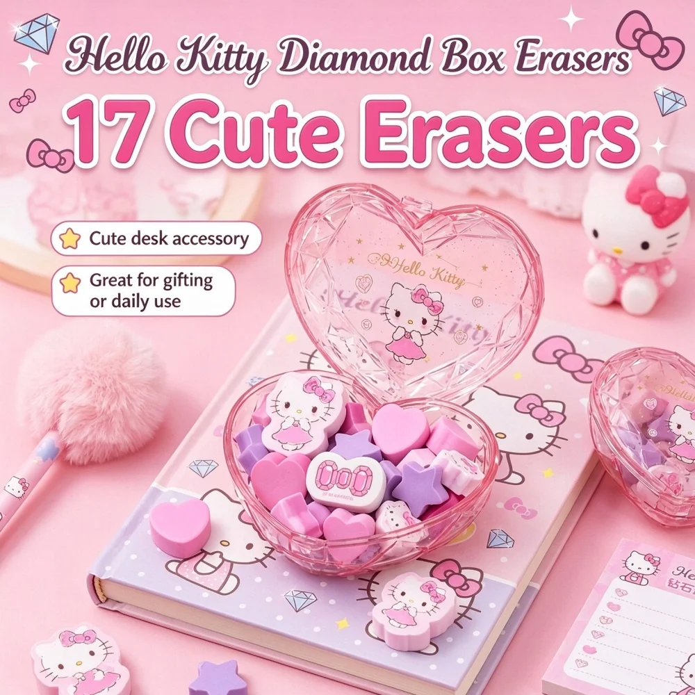 Genuine Hello Kitty Heart Storage Box 17Pcs Filled Erasers Kit Sanrio Portable Stationery Eraser For Writing Journal Drawings