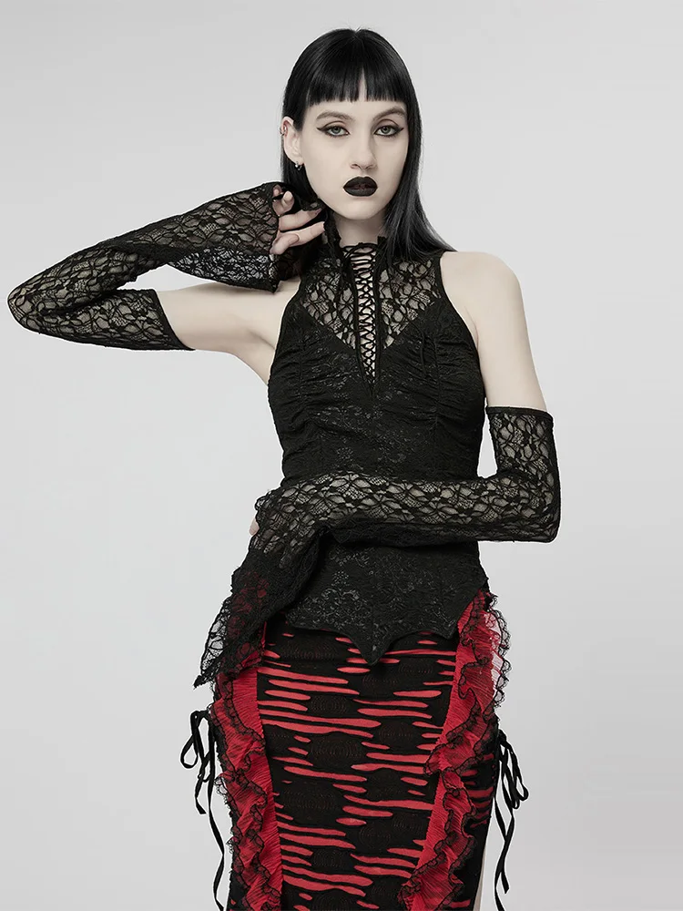 Gothic Style Sexy Lace Base Shirt Women Summer Bell Sleeve Slim Fit T-Shirt Hot Shoulder Exposure Top High-End Sensation Trendy