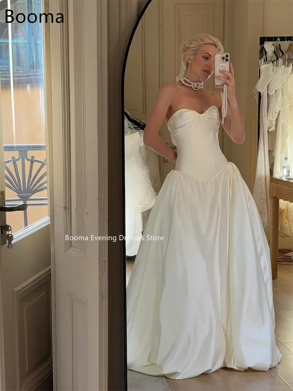 Booma – robe de mariée trapèze en Satin, sans bretelles, élégante, sans manches, Simple, sur mesure, 2025