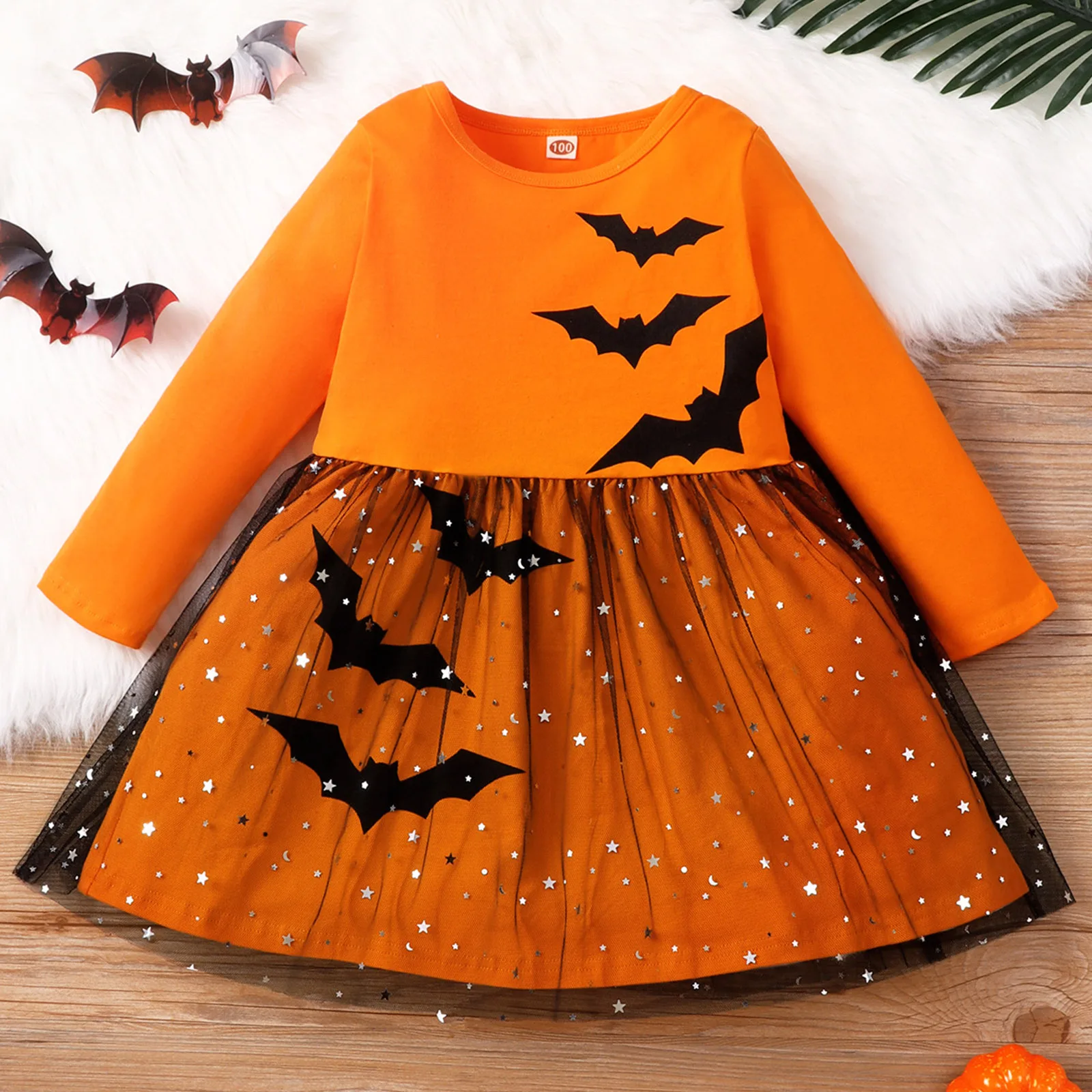 

Halloween Bat Print Dress for Kids Girls Long Sleeve Shiny Star Tulle Dress for Carnival Party Dress Masquerade Cosplay Costumes