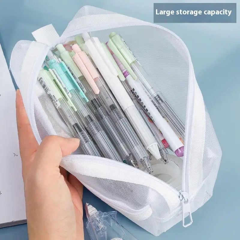 Grid Mesh Pencil Case Large Capacity Stationery Organizer Clear Translucent Cosmetic Bag Storage Bag