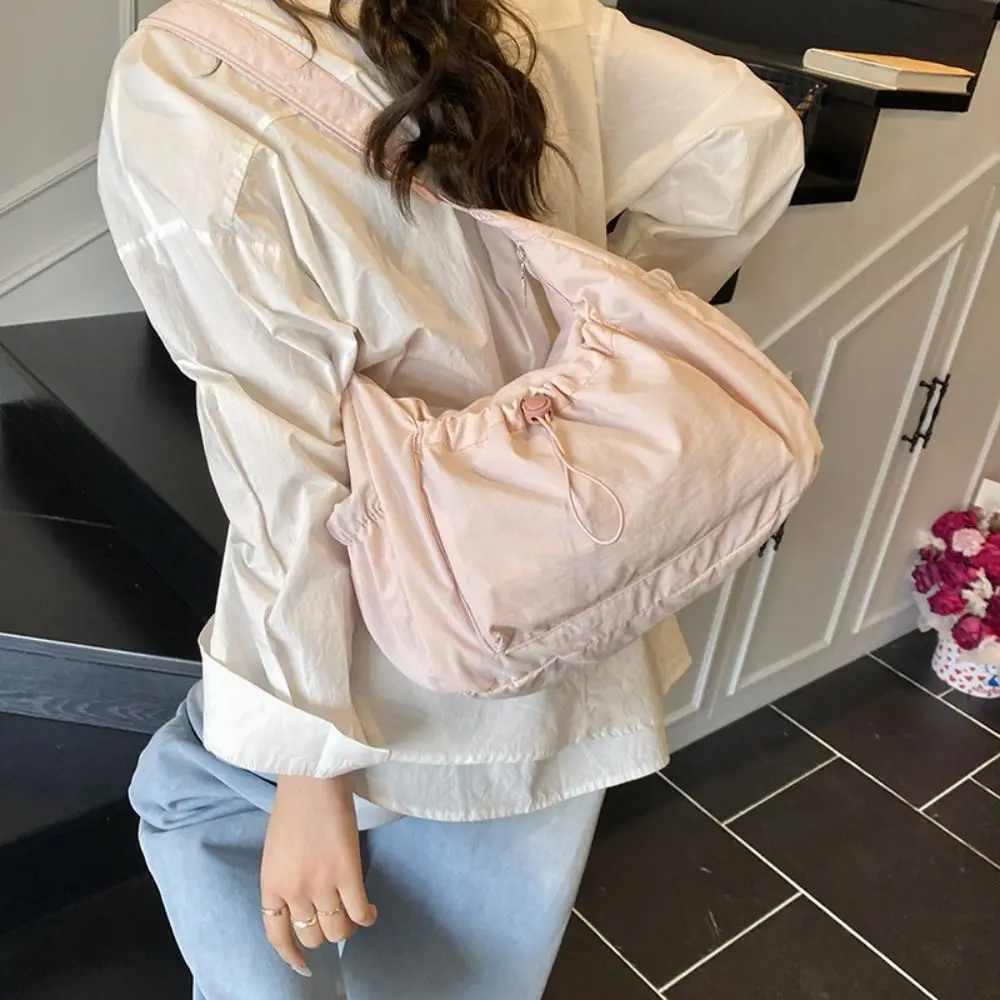 

Cute Korean Style Nylon Shoulder Bag Pleated Lightweight Crossbody Bag Tote Bag Large Capacity Drawstring Bag Women