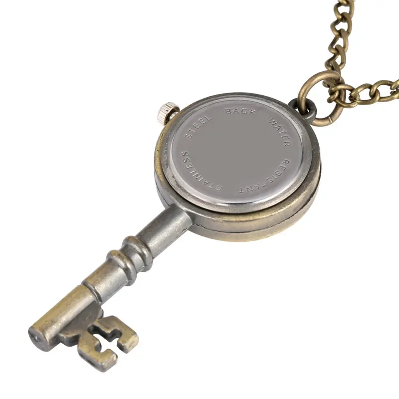 Unikatowy zegarek kieszonkowy w kształcie klucza z brązowym łańcuszkiem, mini, mechanizm kwarcowy, wyświetlacz z cyframi arabskimi, zegarek dla kobiet i mężczyzn.