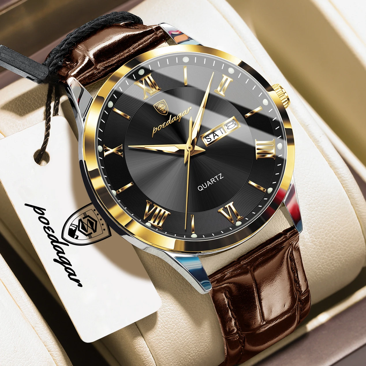 POEDAGAR Luxury Business Men Wristwatch Waterproof Luminous Date Week Man Watch Leather Quartz Simple Men's Watches Reloj Hombre