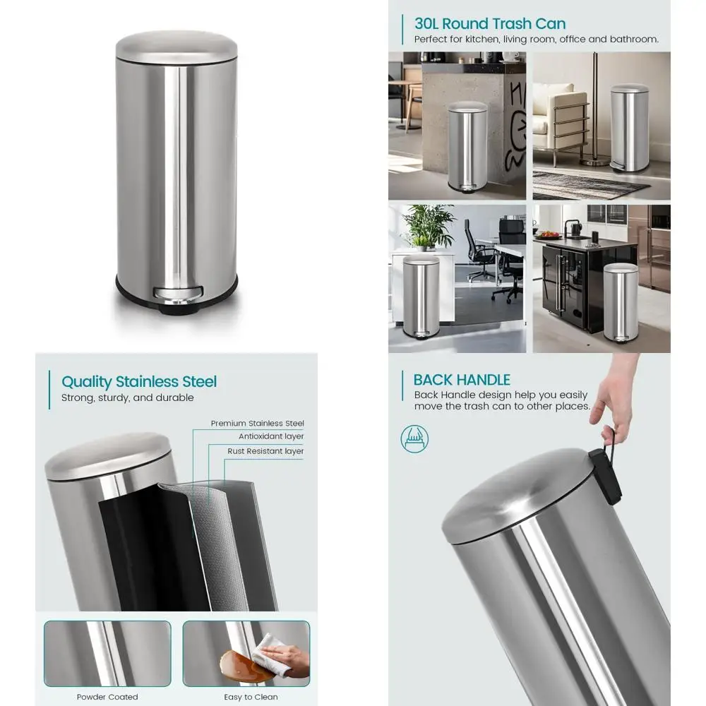 

8 Gallon Round Slim Stainless Steel Trash Can with 30 Liter Capacity, Removable Inner Liner, Soft Closing Lid, and Step Pedal Tr