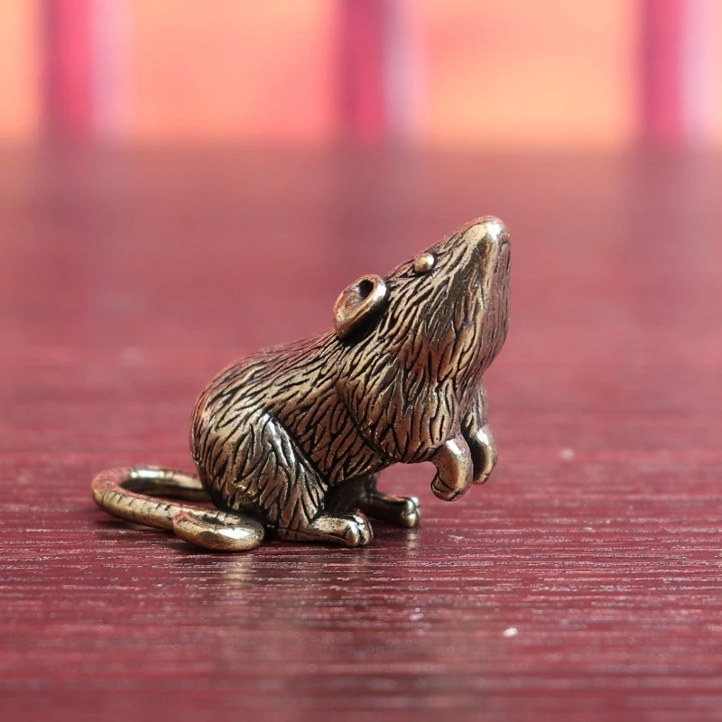 Creative Solid Brass Looking-Up Mouse Figurine Antique Casting Craft Cartoon Animal Hand Play Piece Desk Tea Pet Home Decoration