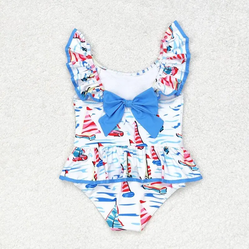 3.1 yan  New rts infant summer girls beach set wholesale boutique sailboat blue bow white one piece swimsuit