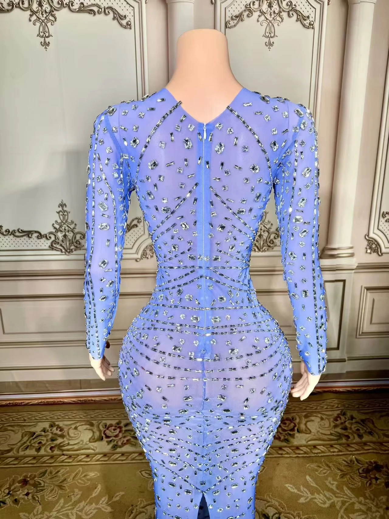 ZD เซ็กซี่ชุดสีฟ้าเวที Bling Silver Rhinestones วันเกิดฉลองเต้นรํายืดคริสตัลชุดพรหมนักร้องเต้นรําคอลเลกชัน