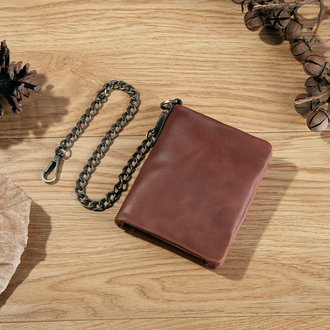 First layer cowhide multi-functional men's wallet with iron chain anti-theft leather hand wallet
