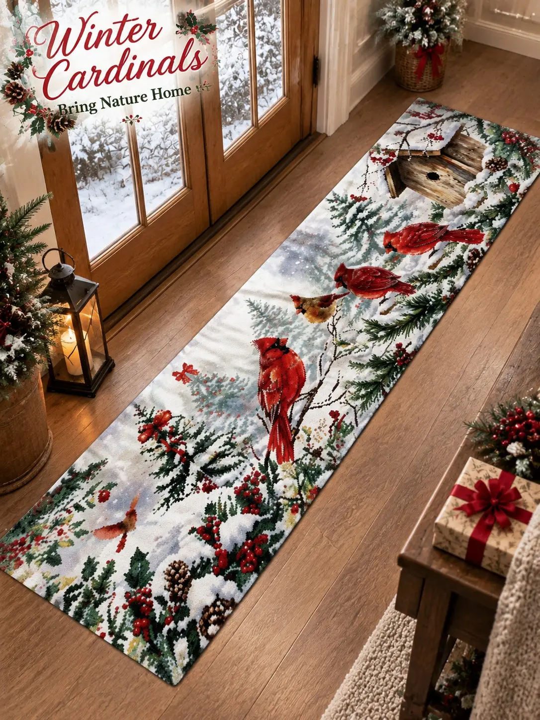 Christmas Aisle Runners Cardinals Pine Branches Snow Long Carpet Runner Rugs Gift for Family and Friends Birthday Anniversary Present Hallway Floor Mat Entryway Passage Decor Kitchen Sink Area Laundry Room Accent Corridor Walkway Apartment Foyer