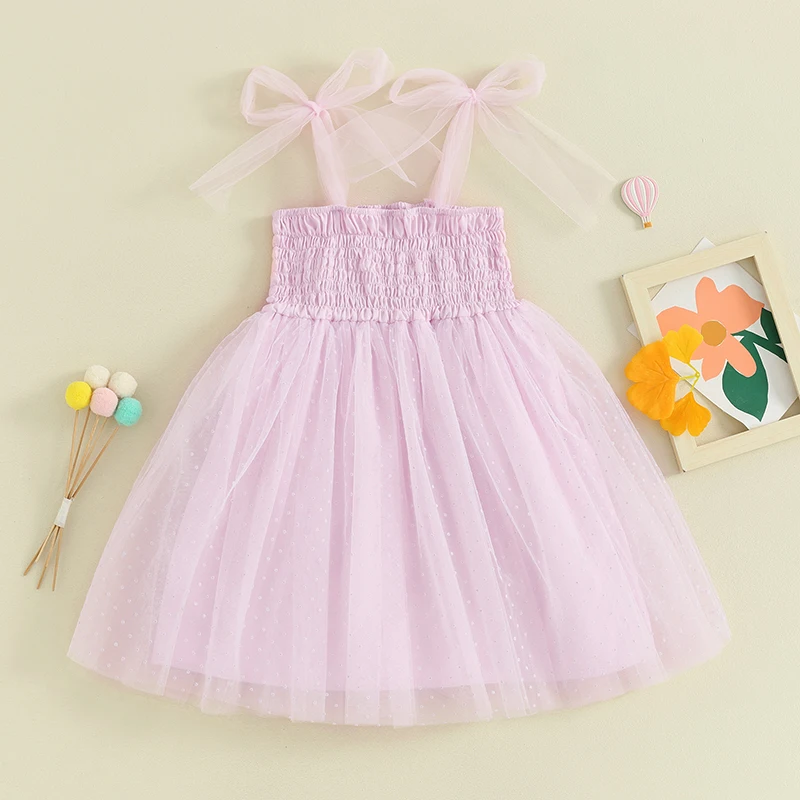 Little Girl Summer Cami Dress Tie-up Shoulder Strap Shirred Tulle Patchwork A-Line Dress