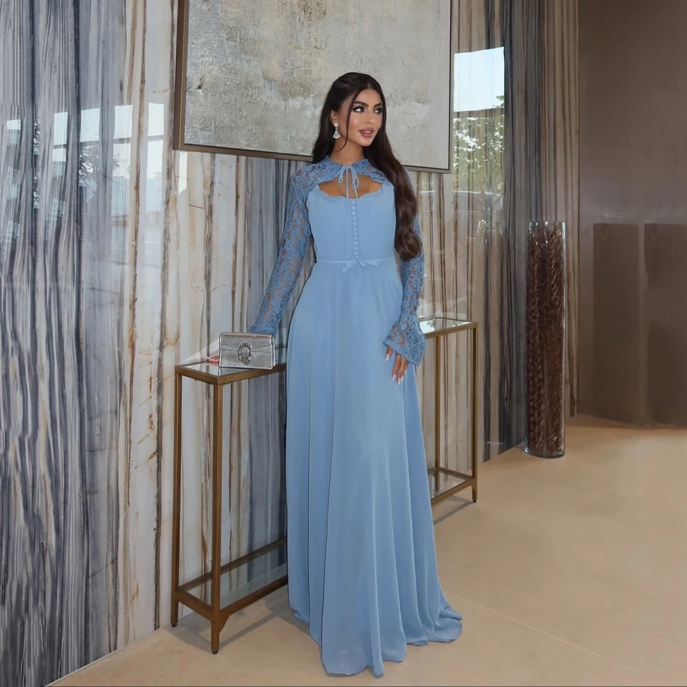 Galarity Blue Evening Gown Vintage Lace Cape Long Sleeve Corset Prom Dresses A Line Formal Dress Elegant Party Dress Customizd