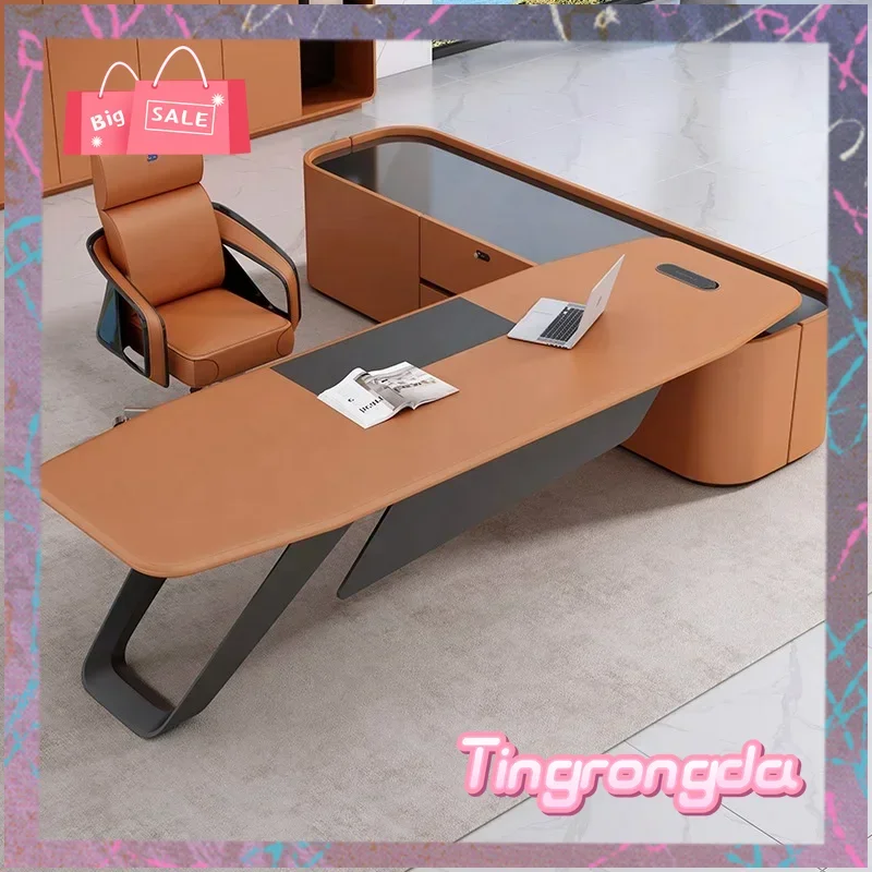 

Y Modern Large Office Desk Light Luxury Orange Leather Boss President Desk with Wooden Extendable Feature Home Furniture