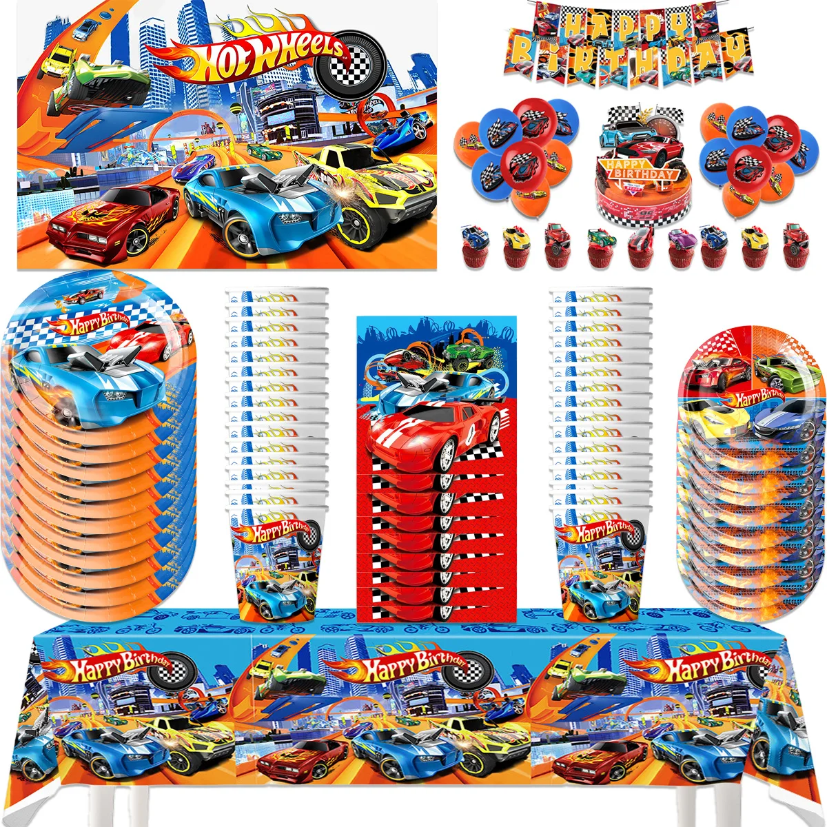 

Hot Wheels Theme Birthday Party Decorative Disposable Cartoon Cars Balloon Banner Cake Toppers Party Supplies Baby Shower Gifts