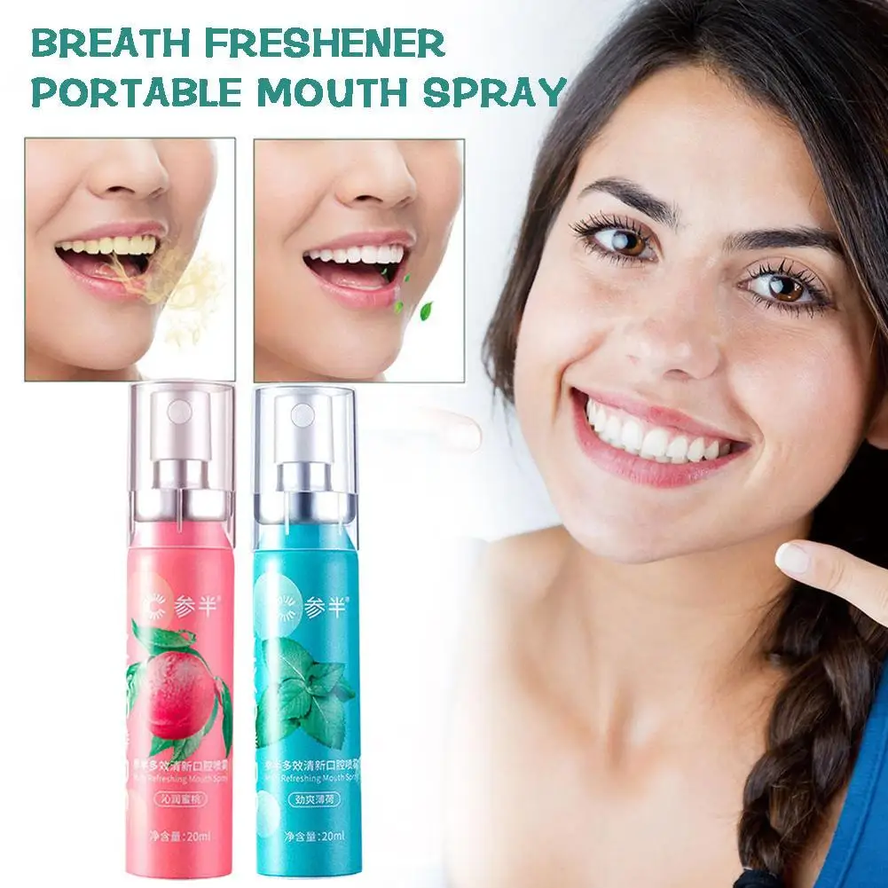 Fruttato respiro pesca menta deodorante Spray alitosi Spray odore liquido rinfrescante trattamento bocca deodorante cura 20ml P0O4