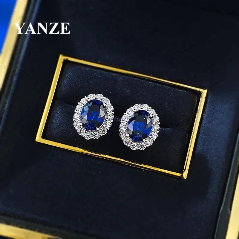 

Fashion 6*8mm Elliptical 925 Sterling Silver Sapphire Stud Earrings Blue Corundum Earrings For Women