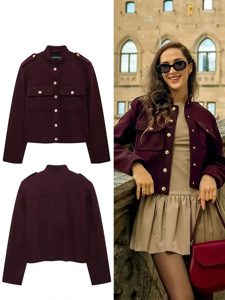 

Female Fashion Burgundy Jacket Long Sleeves Short Cardigan Top Woman Pockets Outerwear Streetwear Women's New In Coat