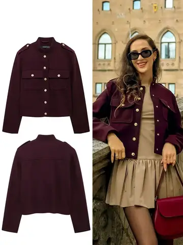 Female Fashion Burgundy Jacket Long Sleeves Short Cardigan Top Woman Pockets Outerwear Streetwear Women's New In Coat