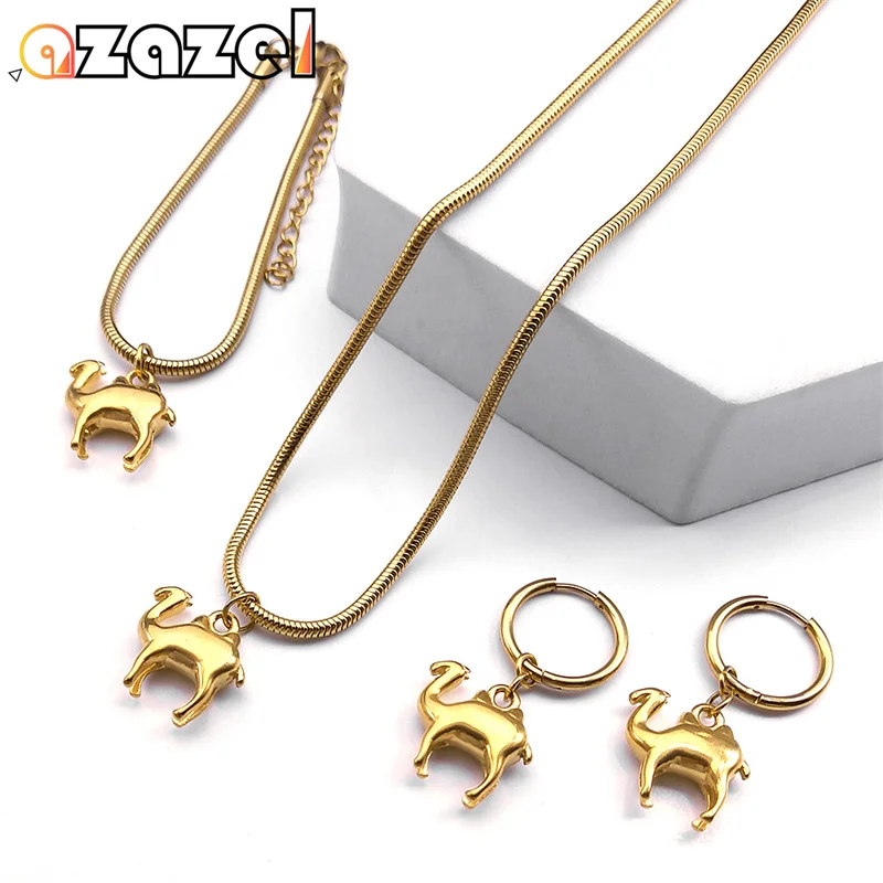 

Animal Camel Pendant Jewelry Set for Men Women Stainless Steel Gold Color Snake Chain Necklace Bracelet Earring Accessories Gift