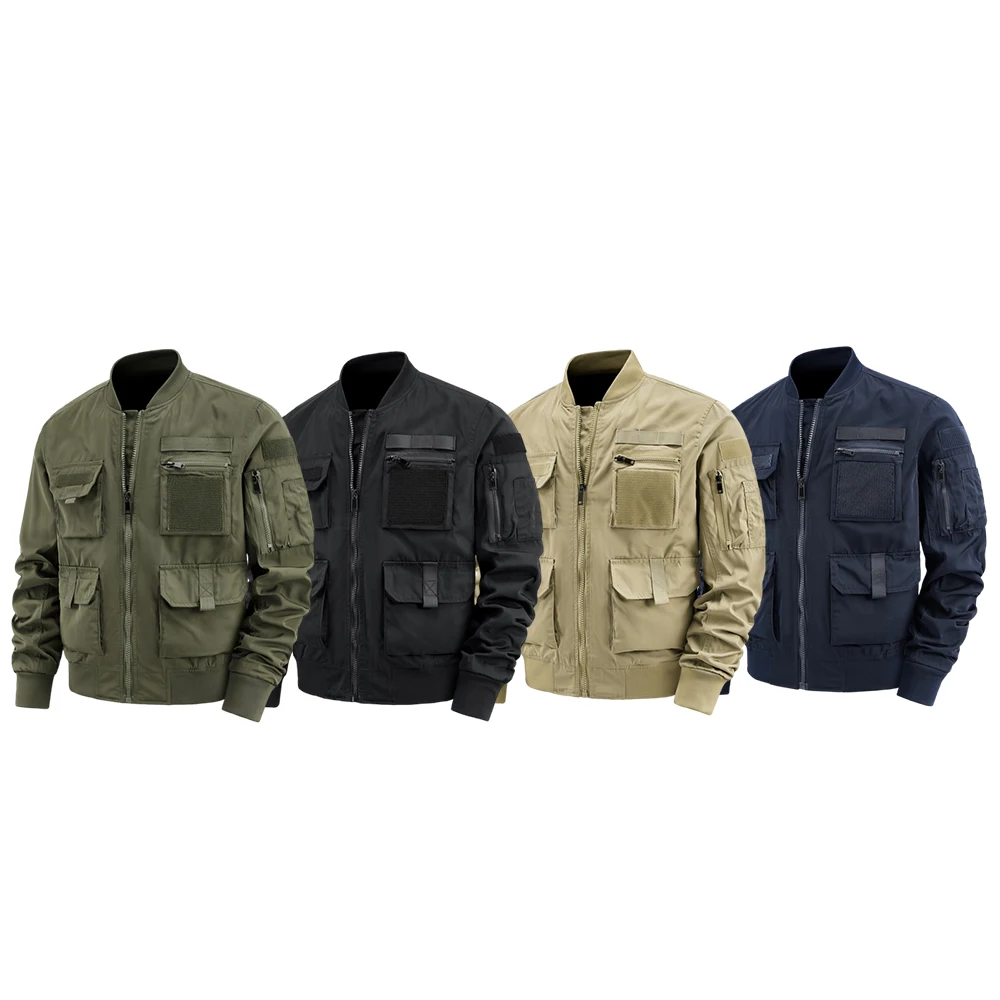 سترة طيران للرجال، ملابس عمل كلاسيكية كاجوال متعددة الجيوب مقاومة للرياح، سترة بيسبول عصرية بلون سادة للاستخدام الخارجي #1