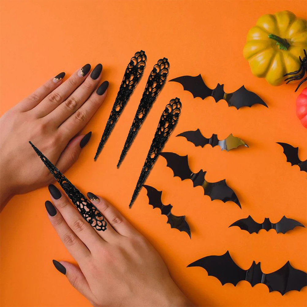 

30pcs Ancient Fingertip Claw Nail Rings Halloween Costume Accessories For Women Black Metal Finger Nail Tips For Cosplay Party