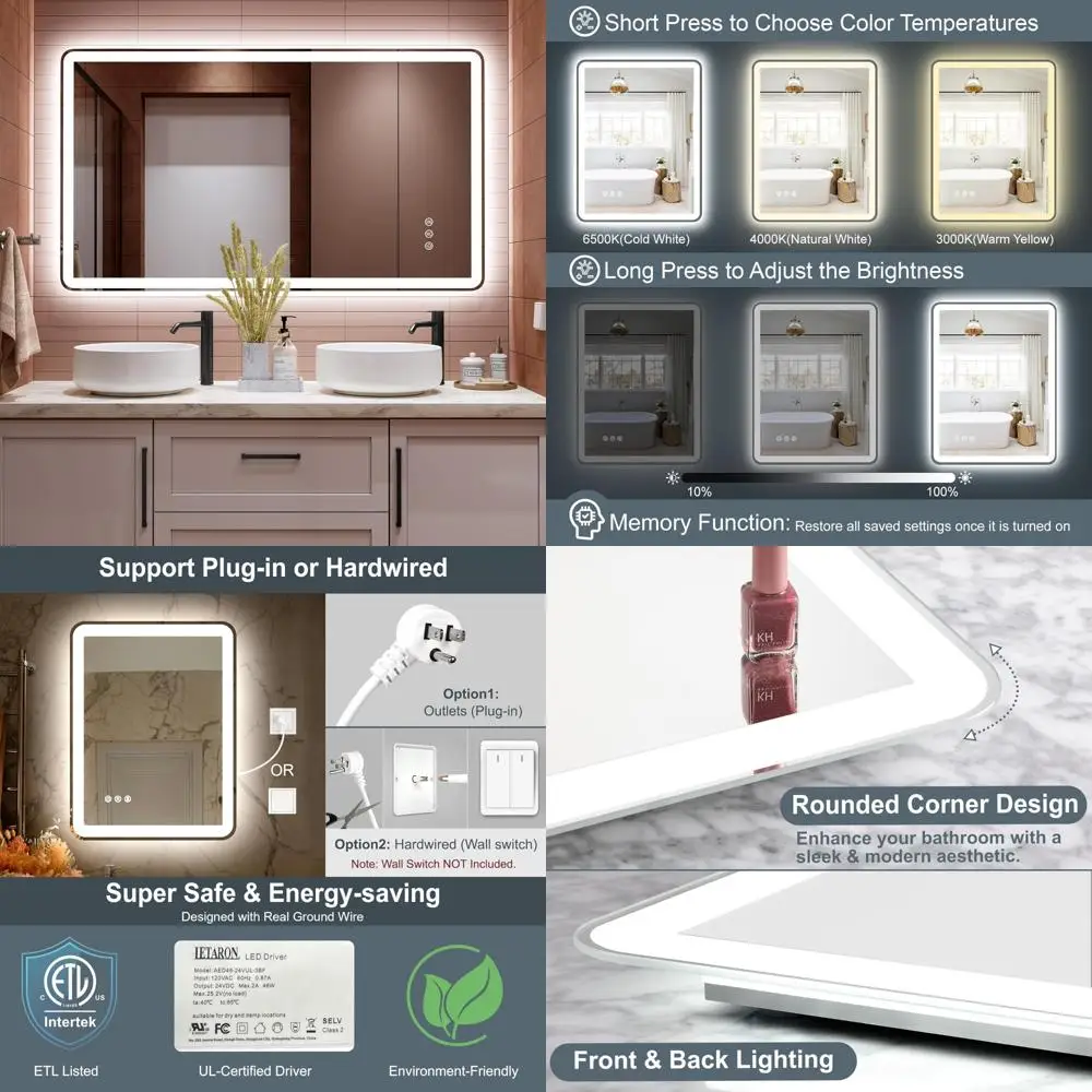 Espelho de banheiro LED regulável de 48 x 32 polegadas com iluminação frontal e traseira, bordas arredondadas, design sem moldura, três opções de cores e
