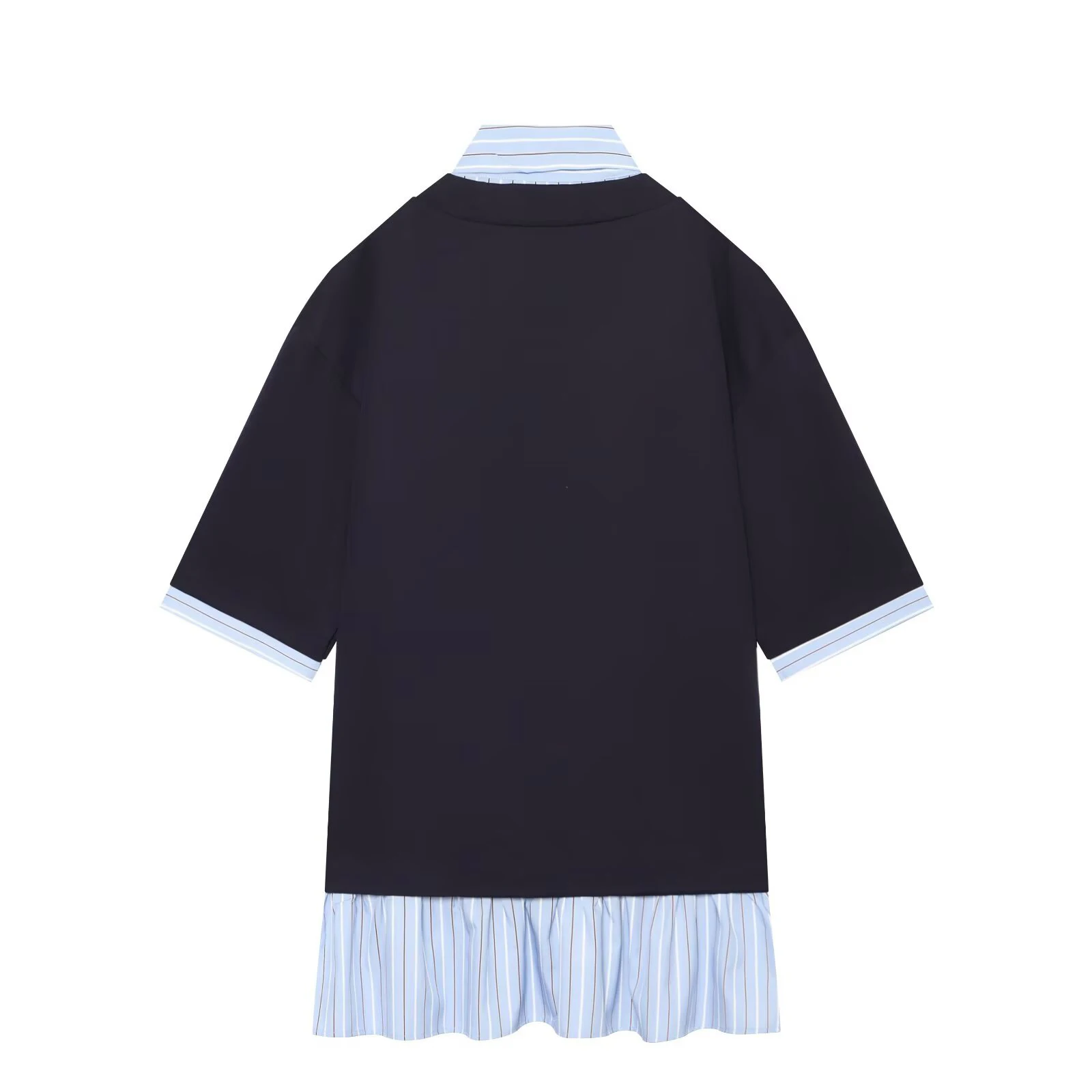 College style contrasting color fake two-piece skirt striped tie splicing mid sleeve slimming straight tube dress